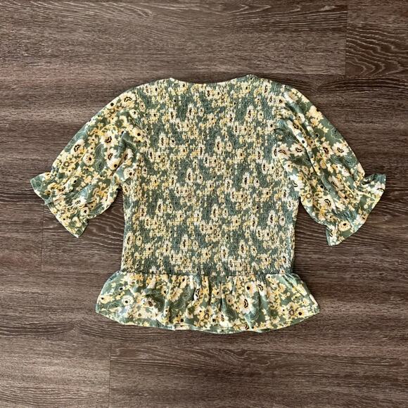 EUC Melloday Green Yellow Floral Smocked Peplum Top M Ruffle Sleeve Cottagecore - Picture 4 of 11